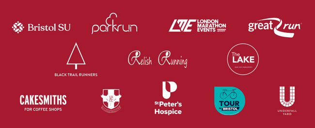 Our 2026/27 partners are Bristol Students Union, Parkrun, London Marathon Events, the Great Run Company, Black Trail Runners, Relish Running, The Lake at Cromhall Quarry, Cakesmiths, University of Bristol Athletics and Cross Country Club, St Peters Hospice, Tour de Bristol and Underfall Yard.
